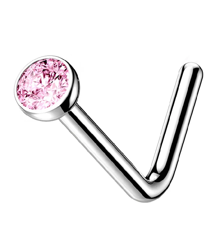 Women's silver-plated rings-Pink CZ Top L Bend Titanium Nose Ring