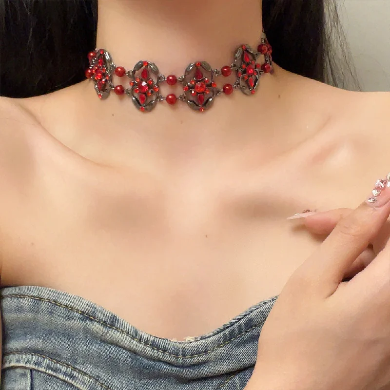 Vintage women's necklaces-Dark Gothic Red Zircon Vintage Unique Necklace