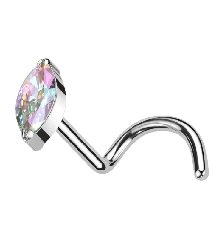 Women's family rings-Ovate Rainbow Aurora CZ Titanium Nose Screw Ring