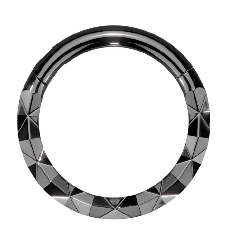 Women's custom engraving rings-Black PVD Faceted Front Stainless Steel Hinged Segment Ring