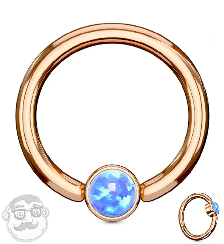 Women's symbolic rings-Rose Gold PVD Blue Opalite Flat Disk Captive Ring