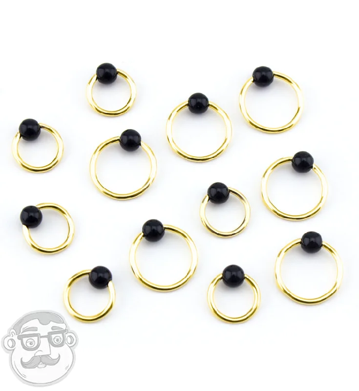 High-end women's rings-Black Obsidian Stone Gold PVD Captive Bead Ring