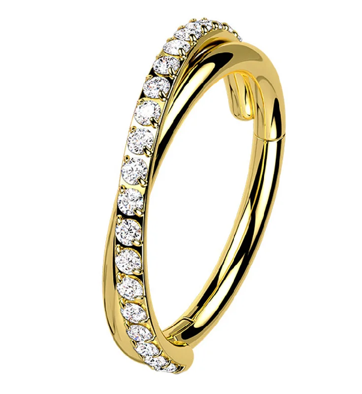 Women's Valentine's Day rings-Gold PVD Entwine CZ Stainless Steel Hinged Segment Ring