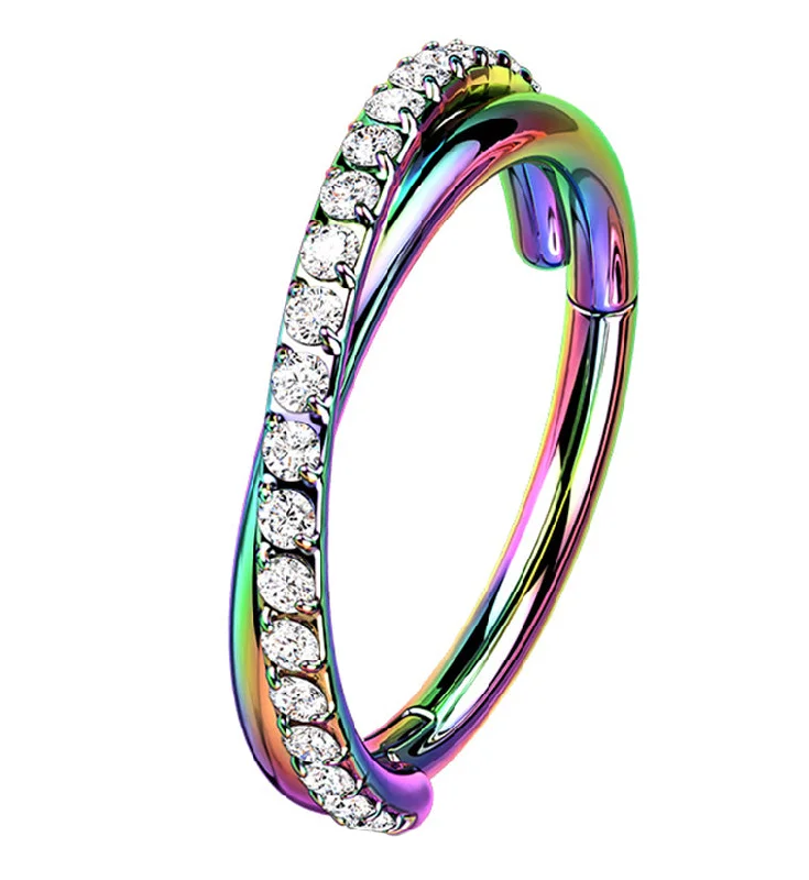 Women's silver rings-Rainbow PVD Entwine CZ Stainless Steel Hinged Segment Ring