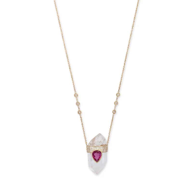 Women's layered necklaces-PAVE PINK TOURMALINE TEARDROP CAP + CLEAR QUARTZ CRYSTAL NECKLACE