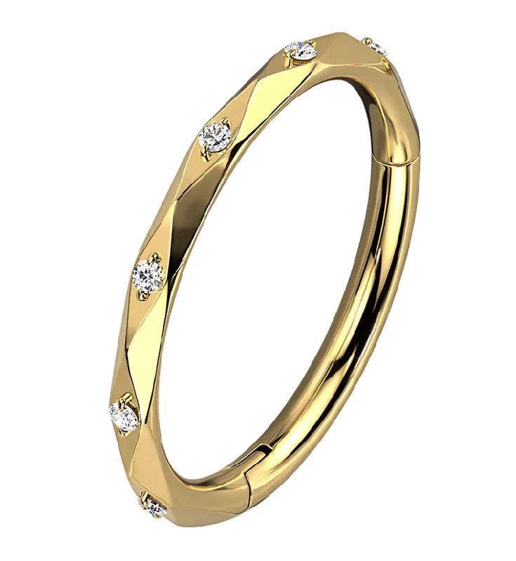 Women's vintage-inspired rings-Facet CZ Gold PVD Titanium Hinged Segment Ring