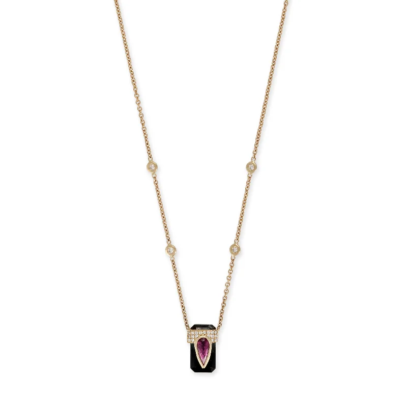 Women's Christmas necklaces-PAVE PINK TOURMALINE TEARDROP CAP + GREEN TOURMALINE BAGUETTE NECKLACE