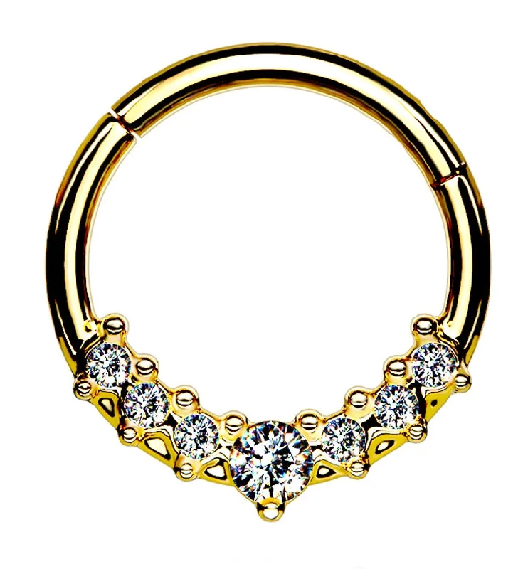 Women's gold-plated rings-Radiant Gold PVD Cluster Bead CZ Hinged Segment Hoop Ring