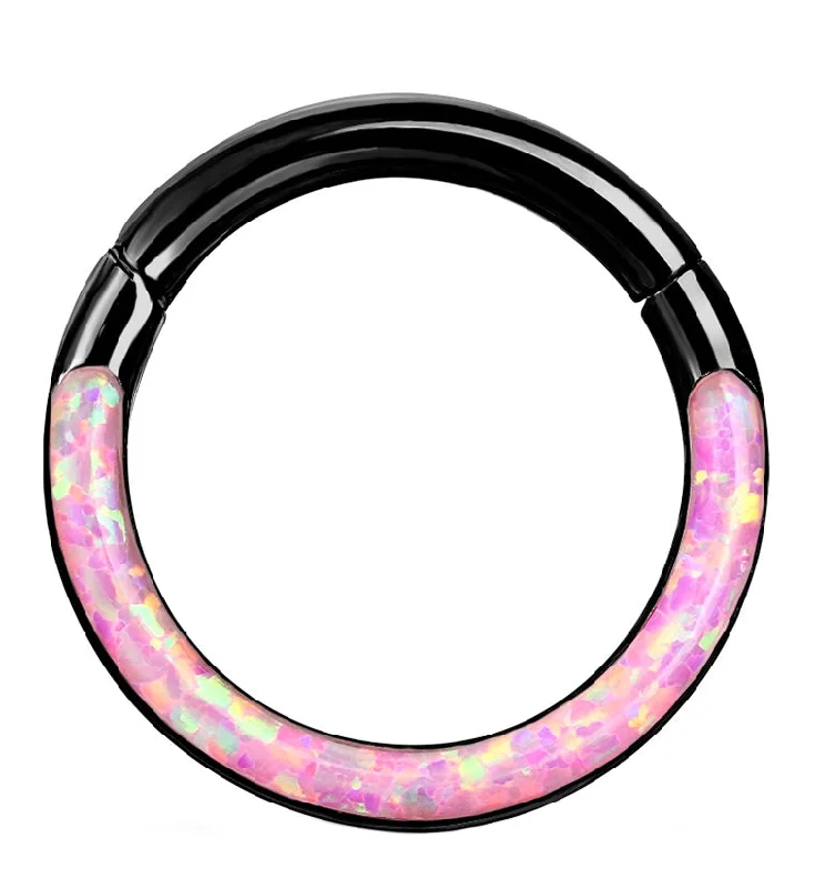 Women's evil eye rings-Black PVD Pink Opalite Frontal Hinged Segment Ring