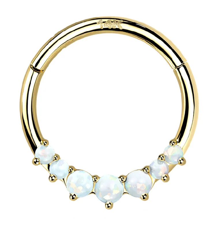 Women's wedding band rings-14kt Gold Front Facing White Opalite Hinged Segment Ring