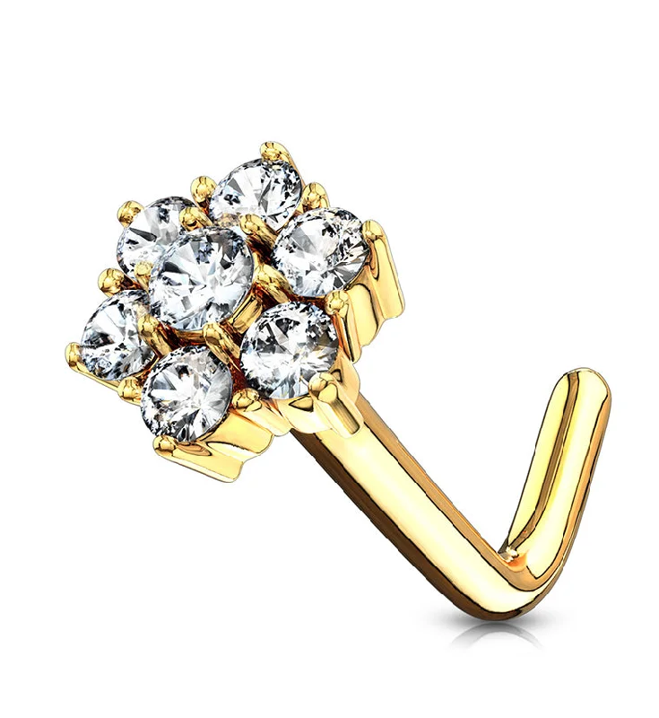 Women's sustainable rings-20G 14kt Gold CZ Flower Pack L Bend Nose Ring