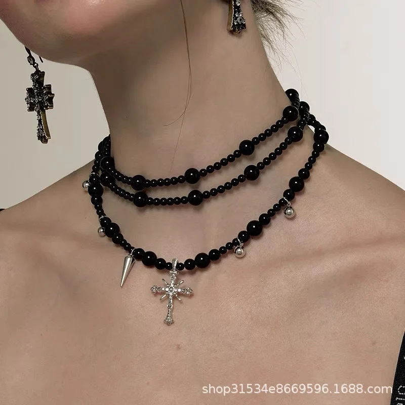 Women's anniversary necklaces-Multi-Layer Beaded Gothic Cross Sweater Necklace