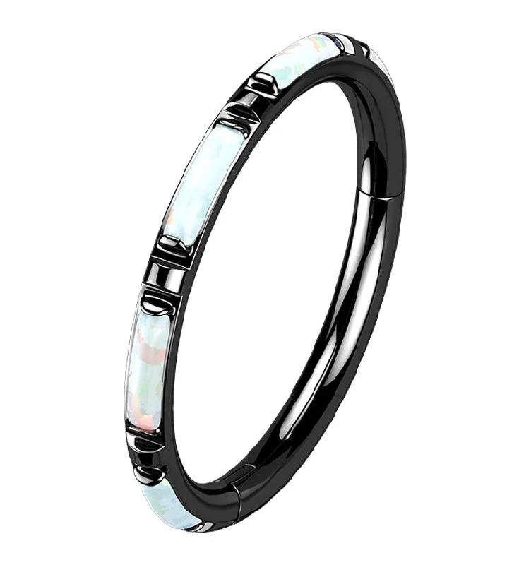 Women's ethical rings-Black PVD Oblong White Opalite Edge Hinged Segment Ring