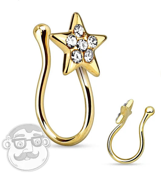 Women's luxury party rings-Gold CZ Star Fake Brass Nose Ring