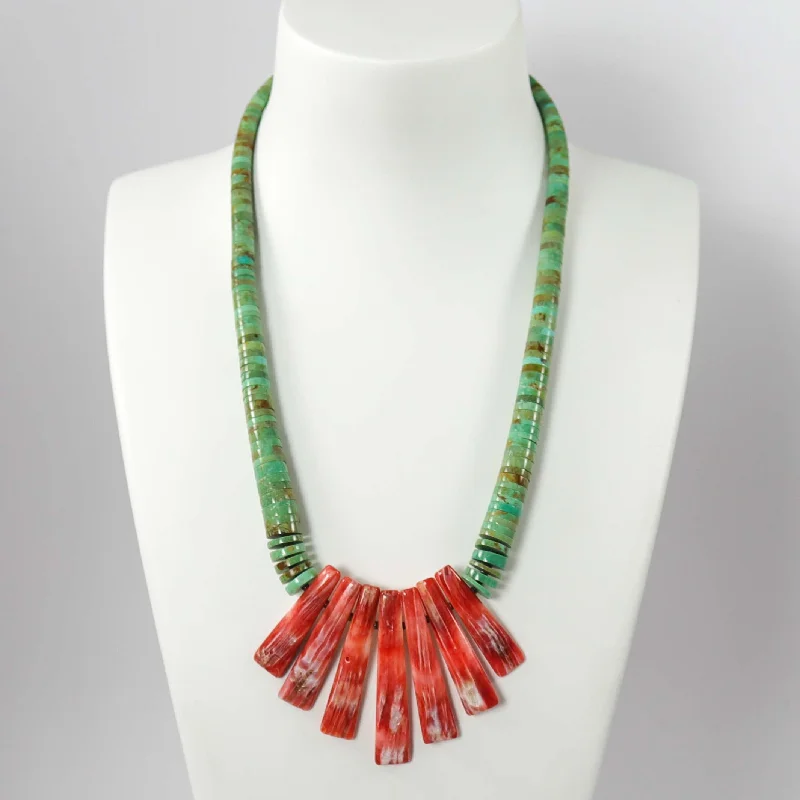 Women's ruby necklaces-Turquoise and Spiny Oyster Shell Necklace