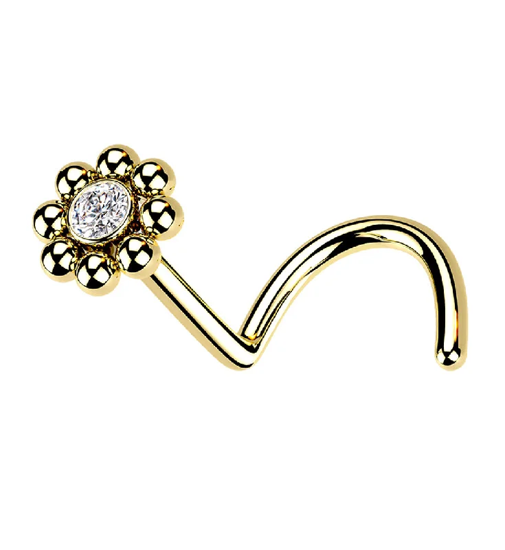 Women's K gold rings-Gold PVD Beaded Flower CZ Nose Screw Ring