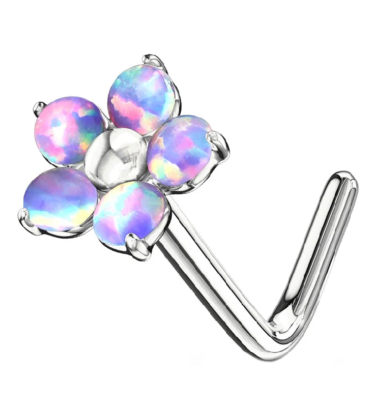 Women's stainless steel rings-20G Purple Opalite Flower L Bend Nose Ring