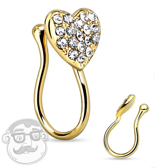 Women's gemstone rings-Gold CZ Heart Fake Brass Nose Ring