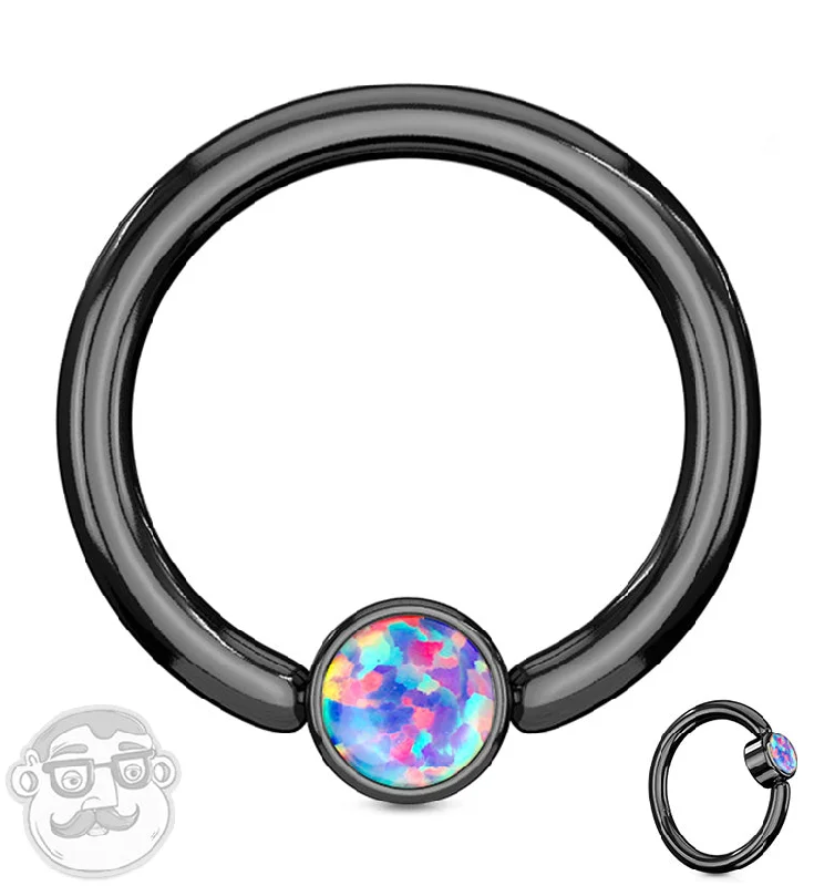 Women's investment rings-Black PVD Purple Opalite Flat Disk Captive Ring