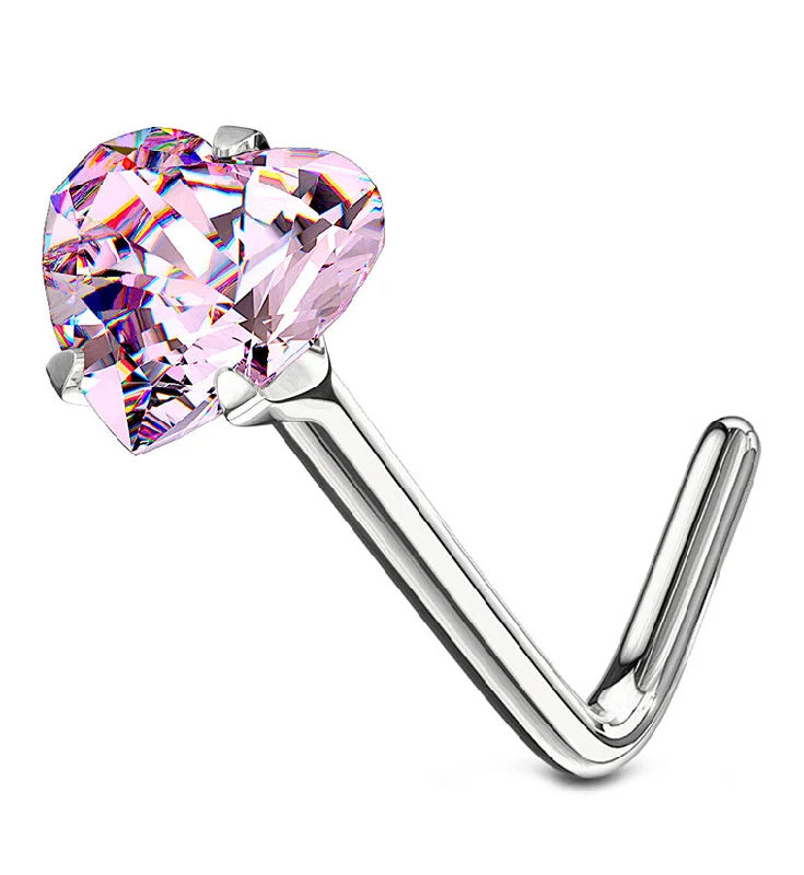 Luxury women's rings-14kt White Gold Pink Heart CZ L Bend Nose Ring