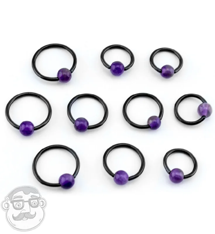 Women's sun rings-Black PVD Captive Bead Ring with Amethyst Stone