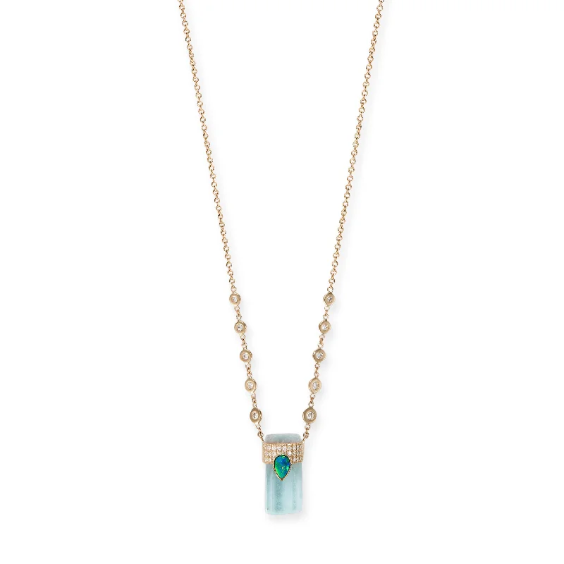 Women's Mother's Day necklaces-PAVE OPAL TEARDROP CAP + AQUAMARINE CRYSTAL NECKLACE