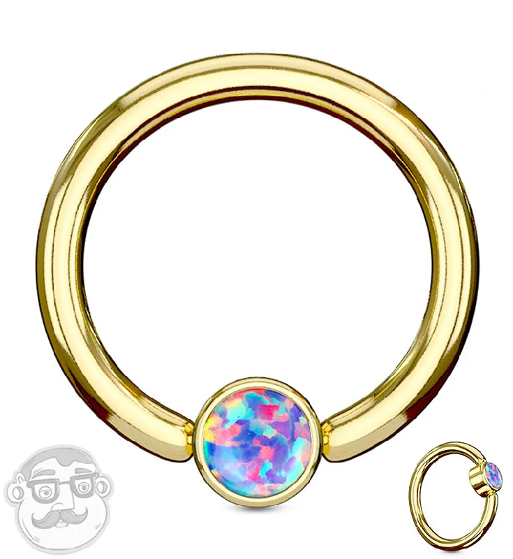 Women's gift rings-Gold PVD Purple Opalite Flat Disk Captive Ring