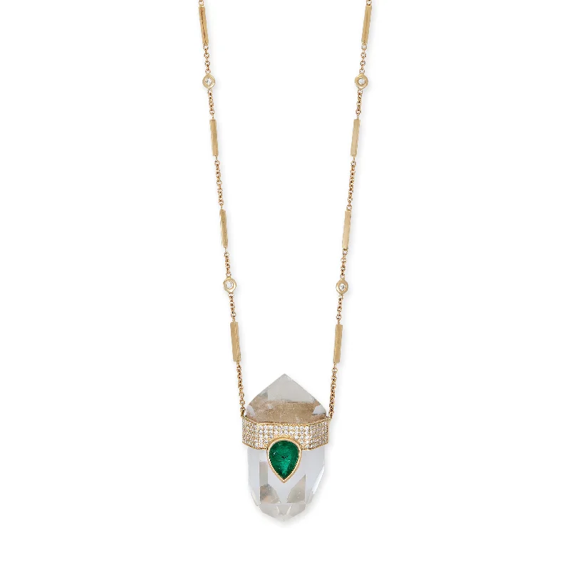 Women's charm necklaces-LARGE PAVE EMERALD TEARDROP CAP + CLEAR QUARTZ CRYSTAL NECKLACE