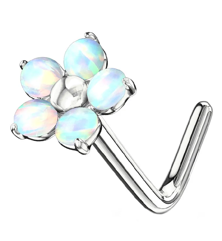 Women's sizeable rings-20G White Opalite Flower L Bend Nose Ring