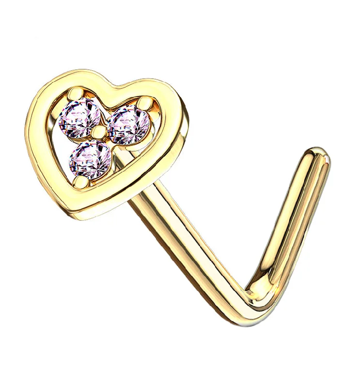 Women's fingerprint rings-14kt Gold Heart Pink CZ L Bend Nose Ring