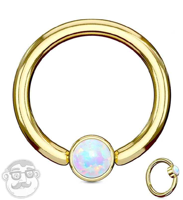 Women's bridal rings-Gold PVD Opalite Flat Disk Captive Ring