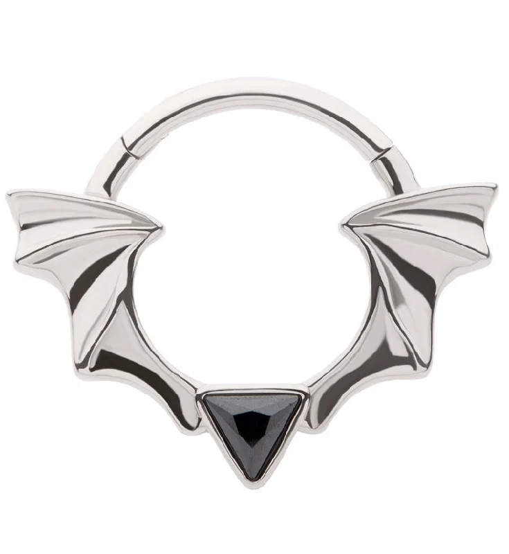 Women's platinum rings-Bat Wing Black CZ Triangle Stainless Steel Hinged Segment Ring