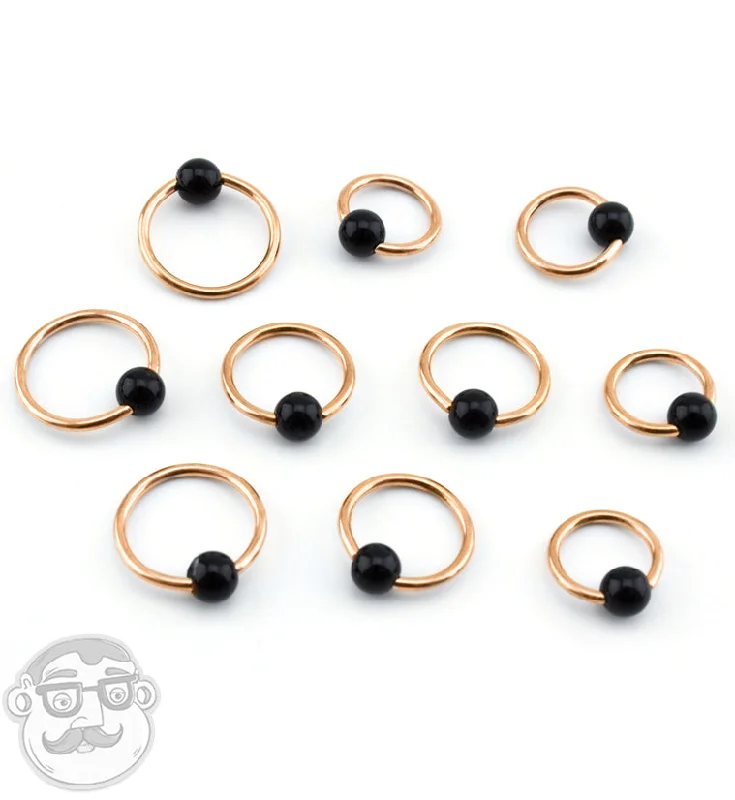 Women's cocktail rings-Obsidian Stone Rose Gold PVD Captive Bead Ring