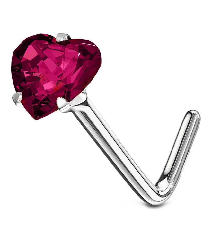 Women's birthstone rings-14kt White Gold Magenta Fusia Heart CZ L Bend Nose Ring