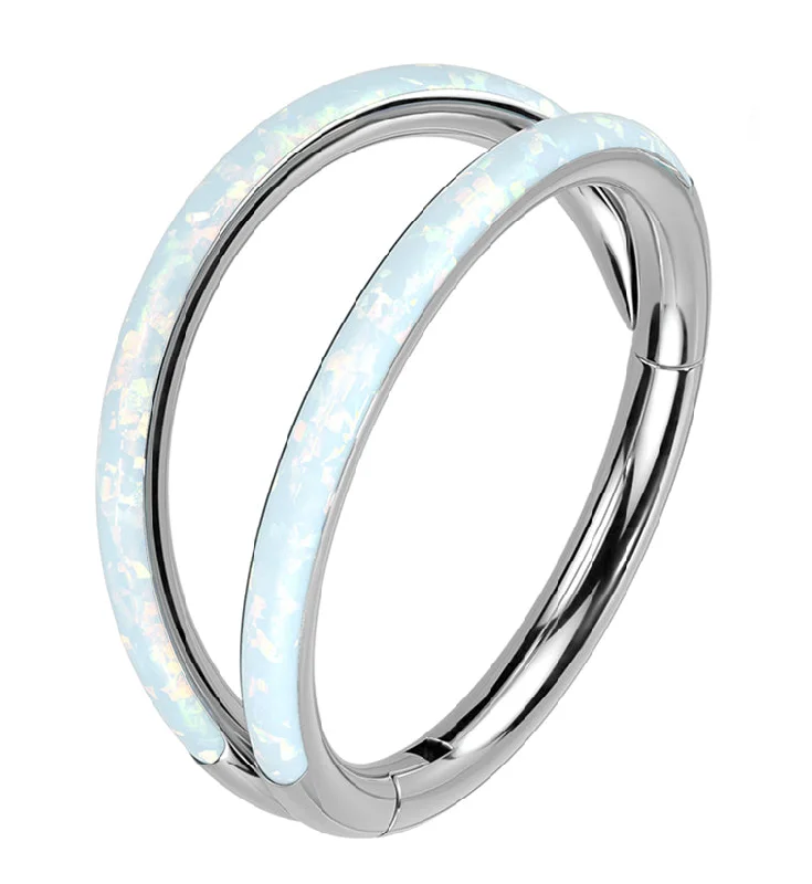 Women's ethical rings-Double Bar White Opalite Titanium Hinged Segment Ring