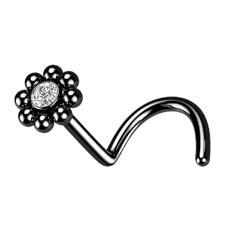 Women's luxury brand rings-Black PVD Beaded Flower CZ Nose Screw Ring