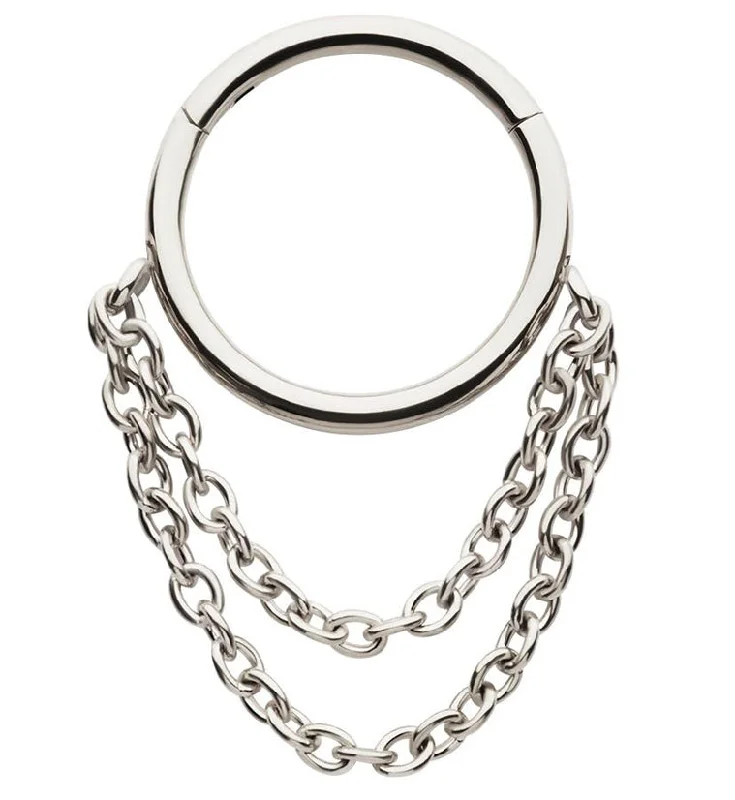 Women's platinum rings-Double Dangle Chain Stainless Steel Hinged Segment Ring