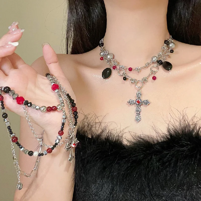 Women's handmade artisan necklaces-Layered Dark Punk Cross Beaded Personality Necklace