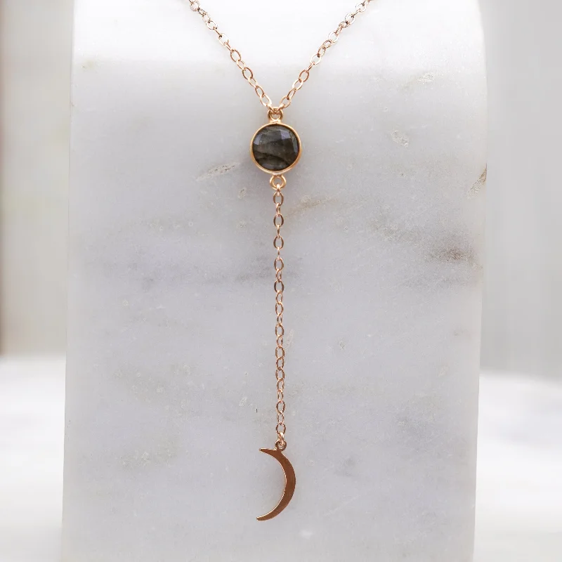 Women's healing crystal necklaces-Labradorite Gem Drop with crescent moon