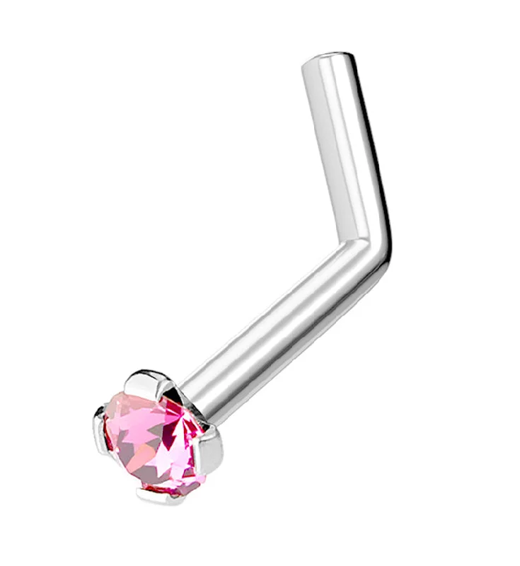 Women's stackable rings-Hot Pink CZ Gem Top L Bend Nose Ring