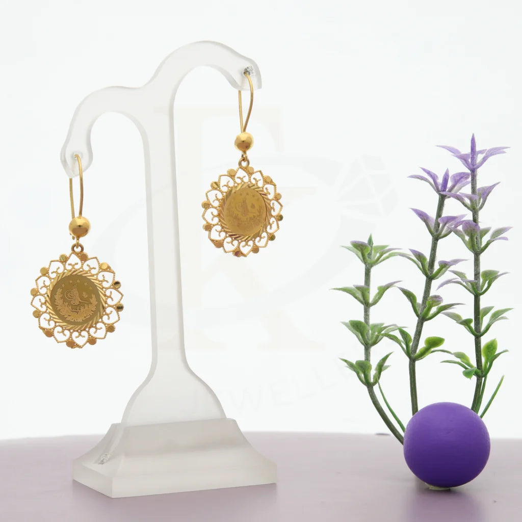 Women's Mother's Day earrings-Gold Coin With Heart Shaped Earrings 21KT - FKJERN21K7760