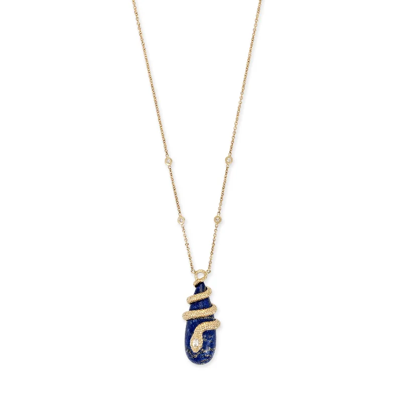 Women's spiritual necklaces-DIAMOND SNAKE WRAPPED LAPIS DROPLET NECKLACE