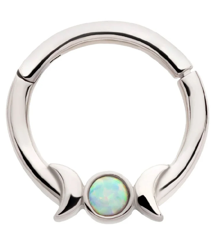 Women's art deco rings-Lunar Phase White Opalite Stainless Steel Hinged Segment Ring