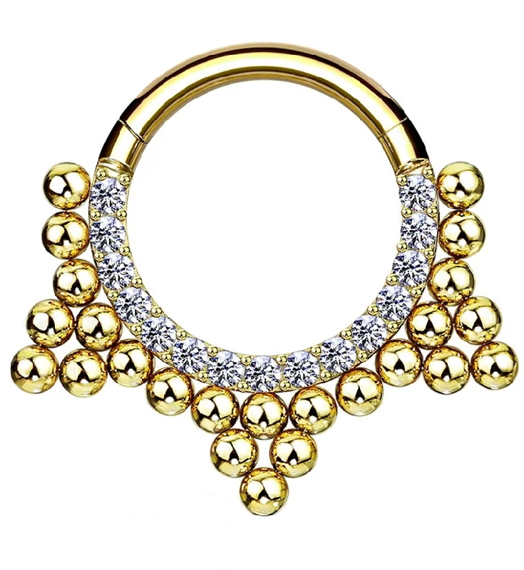 Minimalist women's rings-Arena Gold PVD Triple Cluster Bead CZ Hinged Segment Hoop Ring