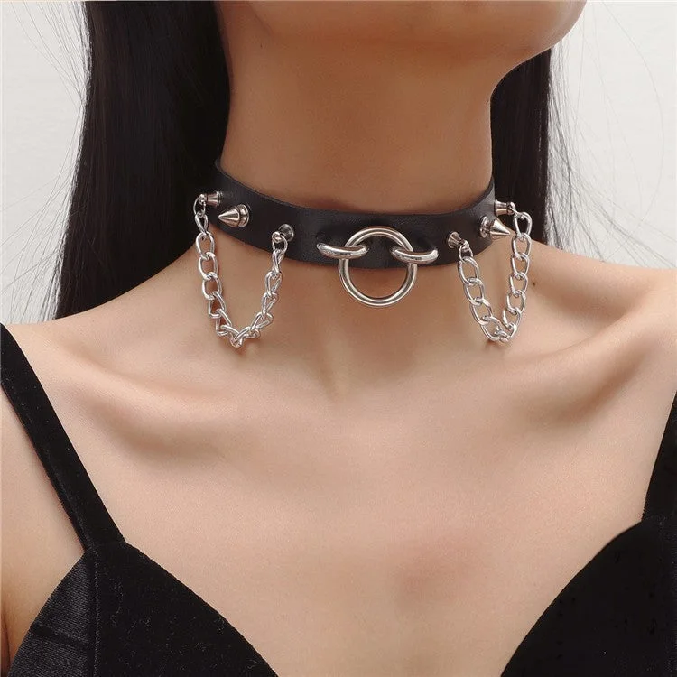 Women's long necklaces-O-Ring Rivet Chain Punk Leather Gothic Necklace