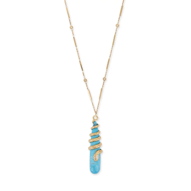 Women's moon phase necklaces-DIAMOND SNAKE WRAPPED TURQUOISE DROPLET NECKLACE