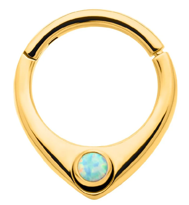 Women's sustainable rings-Gold PVD Point White Opalite Stainless Steel Hinged Segment Ring