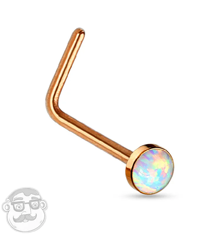 Women's gold rings-20G PVD Rose Gold White Opal L Bend Nose Ring