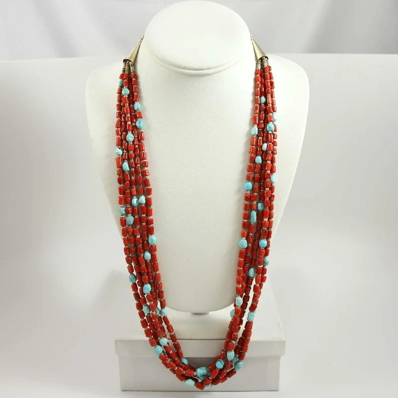 Women's choker necklaces-Coral and Turquoise Necklace