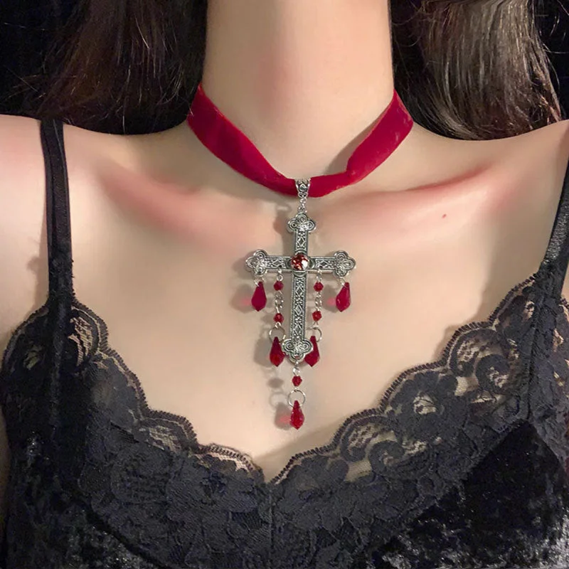 Minimalist women's necklaces-Gothic Blood Drop Tassel Cross Velvet Necklace